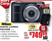 Nikon Digital Camera Package (L25) + 4GB SD Card + Bag