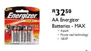 AA Energizer Batteries Max-4 Pack