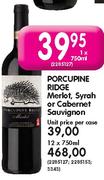 Porcupine Ridge Merlot, Syrah Or Cabernet Sauvignon-12x750ml