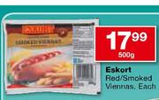 Eskort Red/Smoked Viennas-500g Each