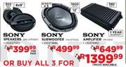 Sony Speakers (SPK-GTF6937), Sony Subwoofer & Sony Amplifier (XM SW3)