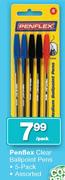 Penflex Clear Ballpoint Pens-5 Pack Assorted