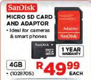 Sandisk Micro 4GB SD Card & Adaptor-Each