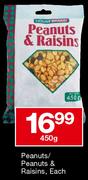 Housebrand Peanuts/Peanuts & Raisins-450gm Each