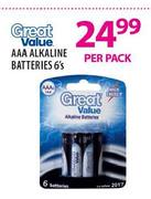 Great Value AAA Alkaline Batteries-6's Per Pack