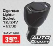 Auto Kraft Cigarette Lighter Socket 12/24V + 2USB-Each