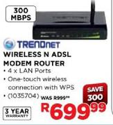 TRENDNET WIRELESS N ADSL MODEM ROUTER 300 mbps