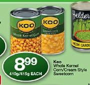 Koo Whole Kernel Corn/Cream Style Sweetcorn-410g/415g Each