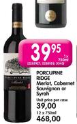 Porcupine Ridge Merlot,Cabernet SAuvignon Or Syrah-12 x 750ml