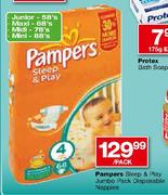 Pampers Sleep & Play Jumbo Pack Disposable Nappies Junior-58's/Maxi-68's/Midi-78's/Mini-88's Each