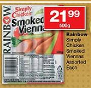 Rainbow Simply Chicken Smoked Viennas-500gm Each