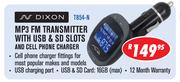 Dixon MP3 FM Transmitter With USB & SD Slots And Cell Phone Charger-Each