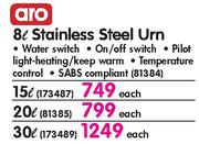  Aro 30Ltr Stainless Steel Urn-Each