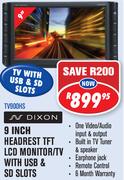 Dixon 9" Headrest TFT LCD Monitor /TV With USB & SD Slots(TV900HS)