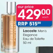 Lacoste Men's Elegance Eau De Toilette-50ml Each