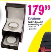Digitime Watch, Bracelet And Earring Set