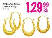 9Ct Gold And Silver Creole Earrings-Per Pair