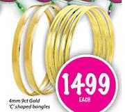 9Ct Gold 'C' Shaped Bangles-4mm Each