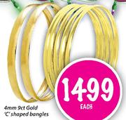 9Ct Gold 'C' Shaped Bangles-6mm Each