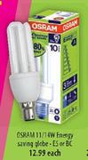 Osram 11/14W Energy Saving Globe-ES Or BC-Each