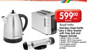 Russell Hobbs Stainless Steel Kettle +2 Slice Toaster With Free Salt And Pepper Grinder Each