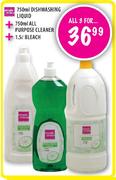 Simple Choice Dishwashing Liquid-750ml + All Purpose Cleaner-750ml + Bleach-1.5l