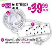 Simple Choice 6 Way Multi-Plug With 0.6m Cable & Reset Switch-Each