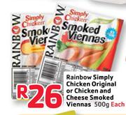 Rainbow Simply Chicken Original Or Chicken And Cheese Smoked Viennas-500G Each