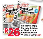 Rainbow Simply Chicken Original Or Chicken And Cheese Smoked Viennas-500g Each