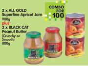 All Gold Superfine Apricot jam-2x900g Plus Black Cat Peanut Butter(Crunchy Or Smooth)-2x800g