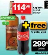 Klipdrift Export Brandy-1ltr+Free Coca-Cola-1ltr