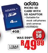 Adata Micro 4GB SD Card With SD Adaptor