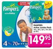 Pampers Active Jumbo Pack 54's,58's,62's,70's,82's or 94's Per Box