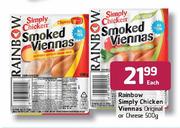 Rainbow Simply Chicken Viennas Original Or Cheese-500g Each