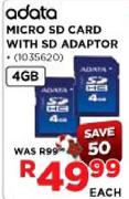 Adata Micro SD Card with SD Adaptotr-4GB Each