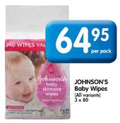 Johnson's Baby Wipes-3 x 80 Per Pack