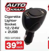 Auto Craft Cigarette Lighter Socket 12/24V +2USB-Each