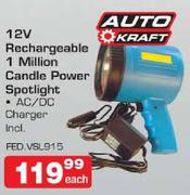 Auto Craft 12V Rechargeable 1 Million Candle Power Spotlight-Each