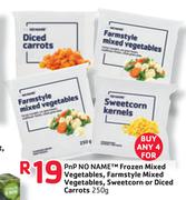 PnP No Name Frozen Mixed Vegetables, Farmstyle Mixed Vegetables, Sweetcorn or Diced Carrots-4 x 250g