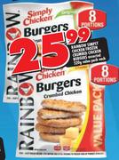 Rainbow Simply Chicken Frozen Crumbed Chicken Burgers Assorted-520g Each