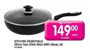 Kitchen Essentials Non Stick Wok With Glass Lid-28cm Each