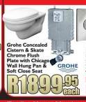 Grohe Concealed Cistern & Skate Chrome Flush Plate Chicago Wall Hung Pan & Soft Close Seat-Each