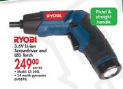 Ryobi 3.6V Li-Ion Screwdriver And Led Torch-CS360L Each