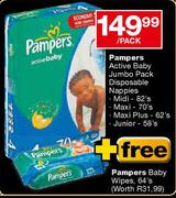 Pampers Active Baby Jumbo Pack Disposable Nappies-Midi-82's,Maxi-70's,Maxi Plus-62's,Junior-58's