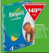 Pampers Active Baby Weggooidoeke Midi 3-82's, Maxi 4-70's, Maxi 4 Plus-62's & junior 5-58's Pak