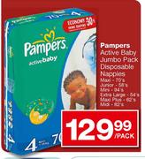 Pampers Active Baby Jumbo Pack Disposable Nappies Maxi-70's, Junior-58's & Mini-94's