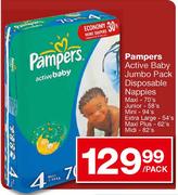     Pampers Active Baby Jumbo Pack Disposable Nappies Extra Large-54's, Maxi Plus-62's & Midi-82's