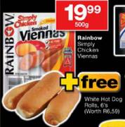 Rainbow Simply Chicken Viennas-500g+Free White Hot Dog Rolls-6's