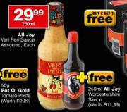 All Joy Veri Peri Sauce Assorted, Each-750ml + Free All Joy Worcestershire Sauce-250ml