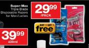 Super-Max Triple Blade Disposable Razors For Men/Ladies-Per Pack